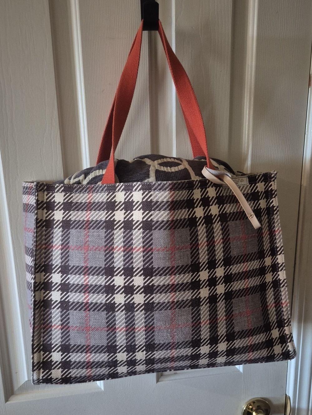 Plaid Tote Bag with Coral Handles Spartina